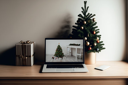 Laptop with Christmas tree and presents on table near light wallの素材