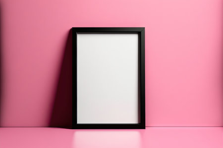 On a pink wall, a black photo frame is hanging. Template for a blank mockupの素材