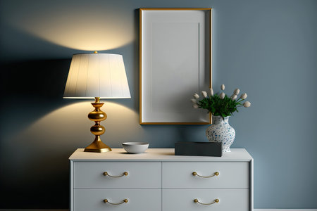 mockup of an interior scene with a chest of drawers, a lamp, and postersの素材