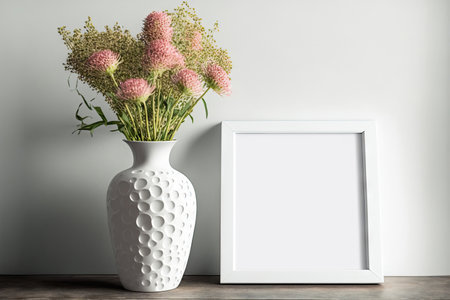 product mock up with white frame with space for text and white vaseの素材