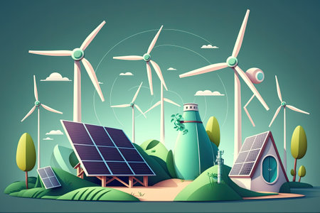 Solar panels and windmills. Sustainability and renewable resourcesの素材