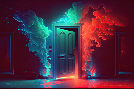 Smoke filled doorway lit by neon lightsの素材