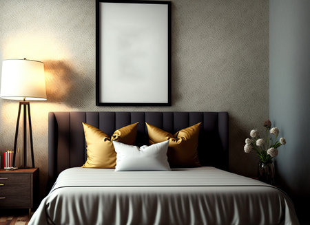 mock up of a poster frame in a bedroom, furnished with lovely and cozy furnishings,の素材