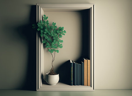 Over the shelf with a book and a plant is an empty frameの素材