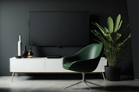 In a room with trendy furniture, a modern widescreen TV is mounted on a black wallの素材