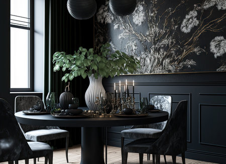 Interior of dining area with imitation of a black wallの素材