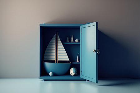 Inside a blue cabinet with a wooden floor and an empty wall is a ship model. a mockupの素材