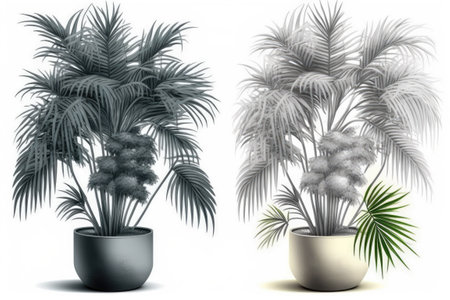 In pots, grey Kentia palm trees. Image of a houseplant on a white backgroundの素材