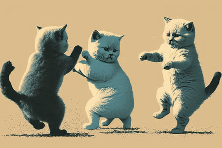 Kittens of a blue gold British shorthair breed frolicking on a beige backgroundの素材