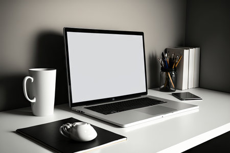 Mock up of Copy Space workstation with blank screen and laptop on tableの素材