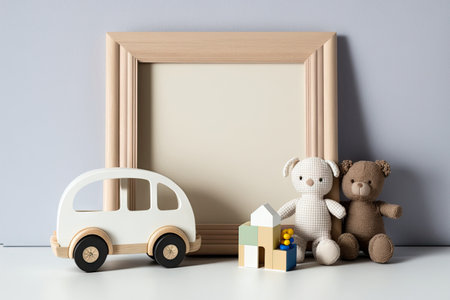 Mock up of a baby photo frame with wooden toys and cubesの素材