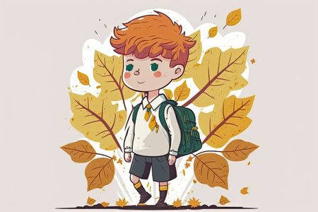 Little boy in school uniform with leaves in autumnの素材