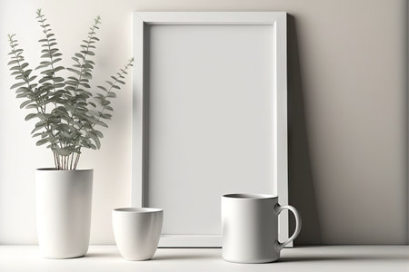 Mock up minimalist home interior with empty white wooden photo frame and ceramic mugの素材