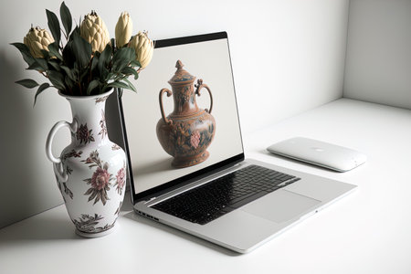 Open laptop with a blank screen, decorations, and a ceramic vase on a white tableの素材