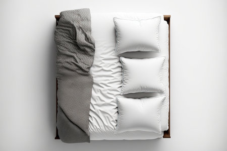 Modern bed with cozy mattress and blanket in top view against white backgroundの素材