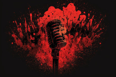On a pitch black background, a professional microphone puffs forth red smokeの素材