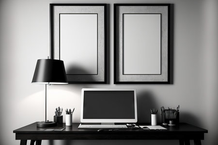 Mockup of an interior space with two empty frames, a blank laptop, a lamp, and a deskの素材