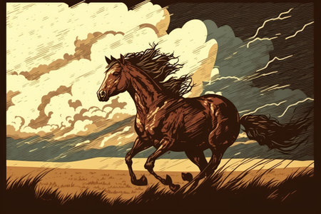 Rough Weather, Brown Horse in the Field. Superior picture in every wayの素材