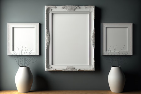 On a fabric wall, empty picture frames are hung. a mockupの素材