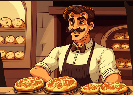 Positive man vendor selling fresh, delicious buns in a bakeryの素材