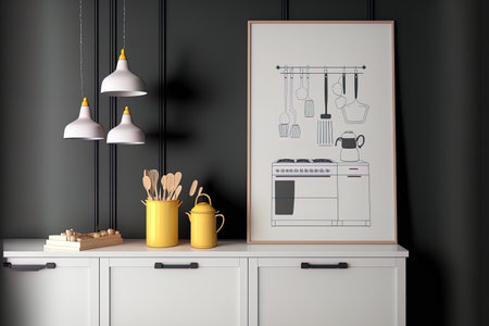 poster over the kitchenware cabinet, minimalist design, backdrop,の素材
