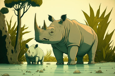In Ujung Kulon, Indonesia, rhinoceroses are an endangered and protected speciesの素材