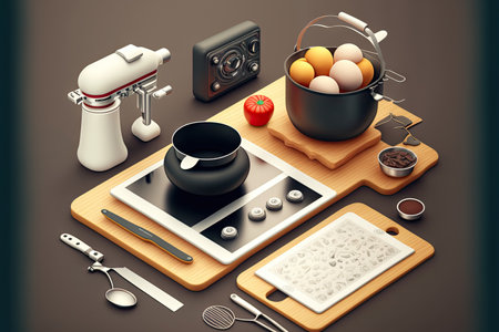 Mockup digital illustration of cooking and baking kitchen equipmentの素材