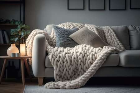 Knitted blanket on soft sofa in cozy living roomの素材