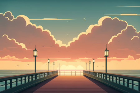 Pier at sunset with clouds in the minimalist seaの素材