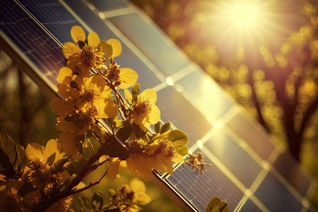 Solar panels and sunshine colored blossomsの素材