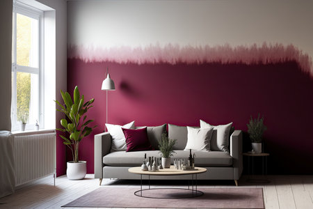 Interior of a contemporary living room with a burgundy and white ombre wallの素材