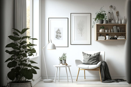 Scandinavian style interior of a home with a mock up of empty frames.の素材