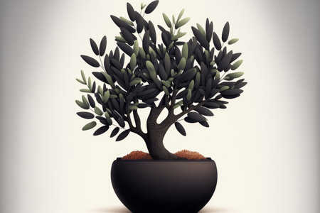 Olive tree in a black flowerpot with a white background in an illustrationの素材