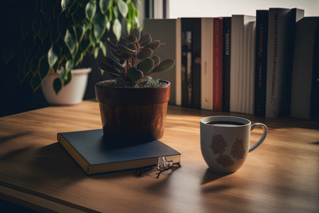 On a wood desk in a contemporary workstation are a book, a plant, and a coffee cupの素材
