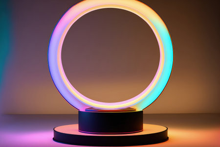 pedestal for displays with a neon circle backdropの素材