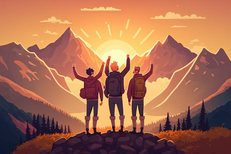 Laughing friends stand with arms raised, taking in the sunset at sunset mountainの素材