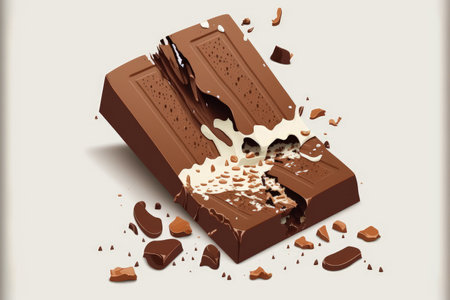 On a white background, a torn up chocolate bar with nougat is seenの素材