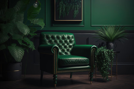One green armchair in a living room with a backdrop of a dark green wallの素材