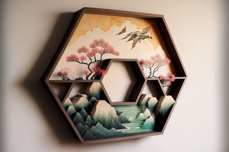 Japanese wall art featuring a hexagonal wooden shelfの素材