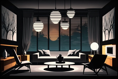 Mockup of a modern, dark living room decorated for the evening with lampsの素材