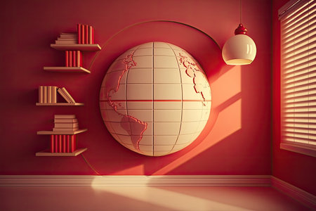 On the wall next to the map is a globe and an old bookの素材