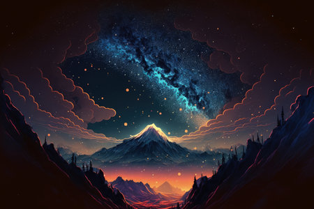 In the stunning night sky, there are mountains, the Milky Way, and starsの素材