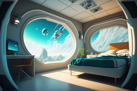 Interior of a futuristic science fiction bedroom with a view of Earth in space,の素材
