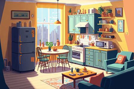 Interior of a open plan apartment, living room, kitchen, dining areaの素材