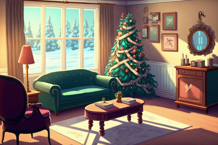 Light living room with traditional Christmas decorationsの素材