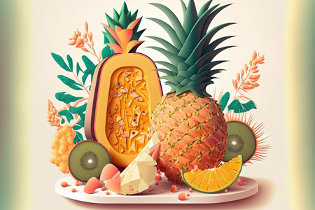 Inventive papaya and pineapple arrangement. Lay flat. notion of foodの素材