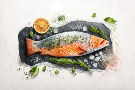 King salmon fillets served uncooked on natural stone and topped with herbs spicesの素材