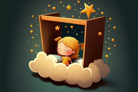 Kids dreams. Cute child girl is flying in her bed trough star skyの素材