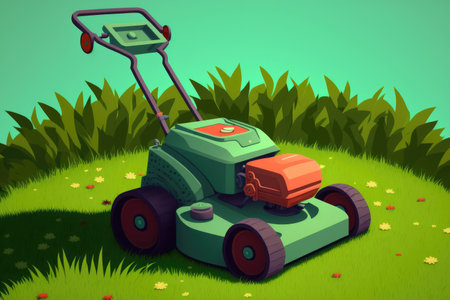 Moving lawn in a contemporary garden. a lawn mowing machineの素材