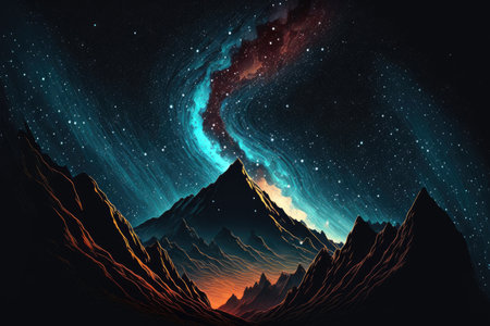 Long exposure, dim lighting, milky way galaxy background, mountain at nightの素材